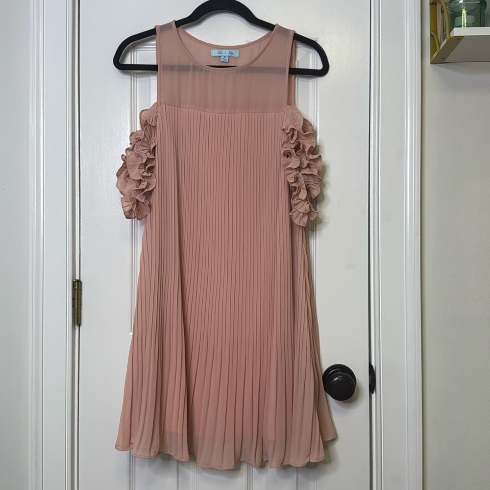 She + Sky 60% Silk Pink Ruffled Cut-Out Mini Dress PTP: 16”-18” - Picture 5 of 10